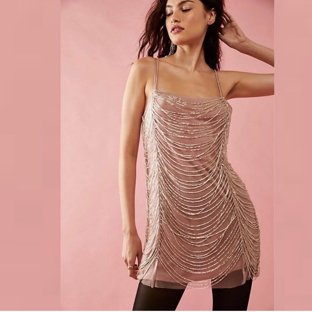 Free People Blush Pink Beaded Mini Dress
